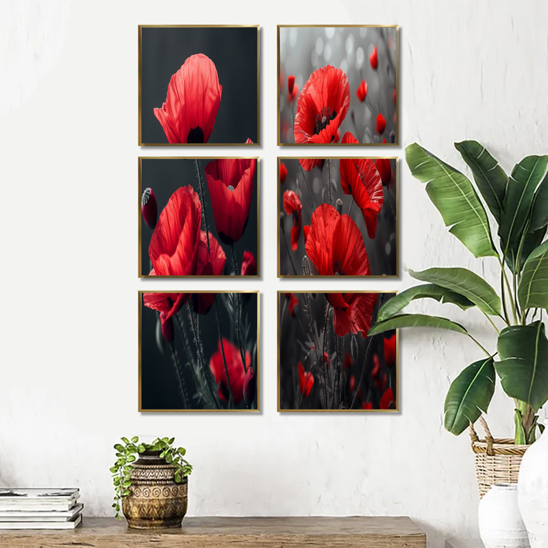 Rouge, noir, coquelicots, charme monochrome - coquelicots, ensemble de 6 impressions sur toile, Gold