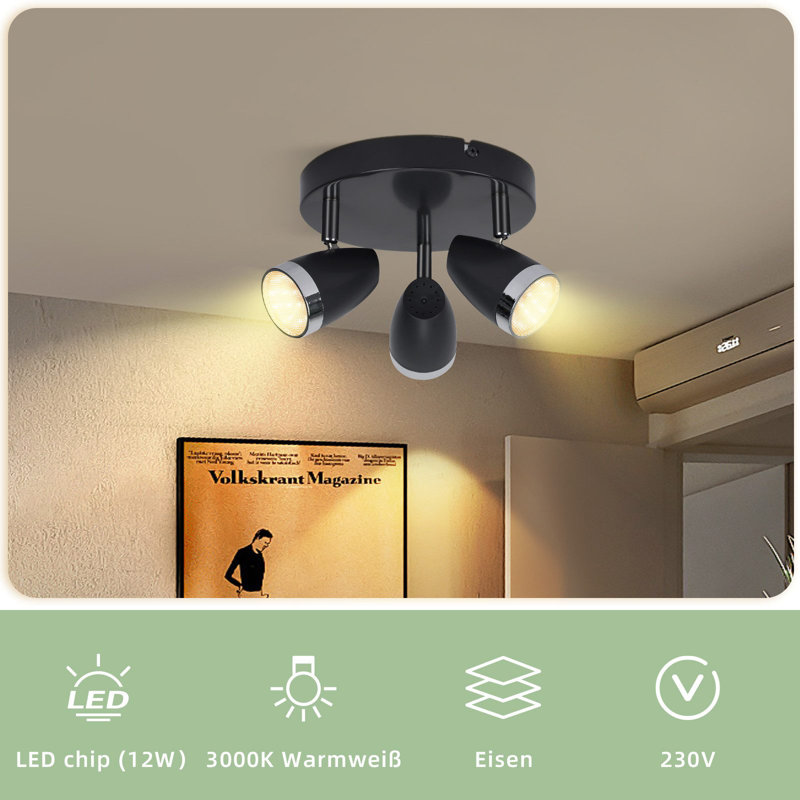 LED ceiling spotlight 3 flame modern 4W warm white 3000K, Black