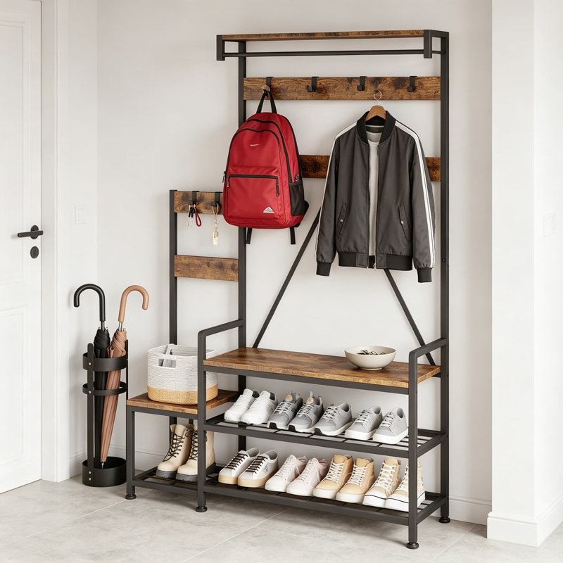 Portemanteau avec banc et rangement pour chaussures, portemanteau industriel avec crochets, casiers de rangement et tablette supérieure, organisateur de vestibule avec design parent-enfant, brun