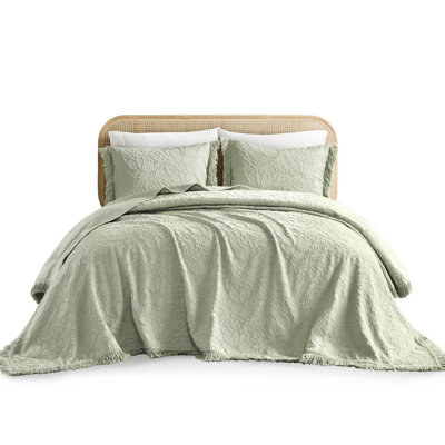 3Pcs King Bedspread - Floral Chenille Featuring Shabby Chic Fringe, Cotton Blend, And Soft For All Year, Oversized Extra Coziness, Lint , 100 Approved, Easy To Clean, Sage Color Tint , Bedspread,