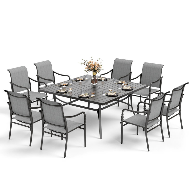 Asfand 9pcs Large Square Table Outdoor Patio Dining Set With Sling Chairs (Without Cushions)
