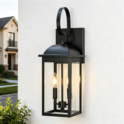 2-Light Matte Black Outdoor Wall Lantern Sconce, Wet Rated, Clear Glass, 17 Inch
