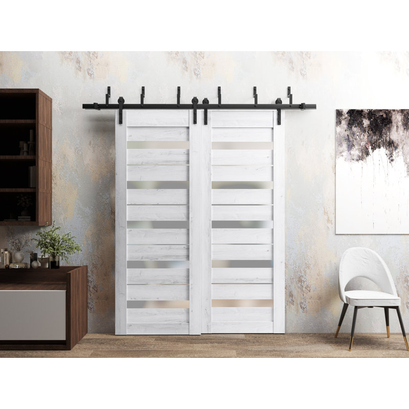 Portes coulissantes de style grange avec verre dépoli Quadro 4445 Blanc nordique, rails robustes de 2 m, ensemble de quincaillerie, portes de placard de chambre en bois massif - 84 x 96 (2 x 42 x 96)