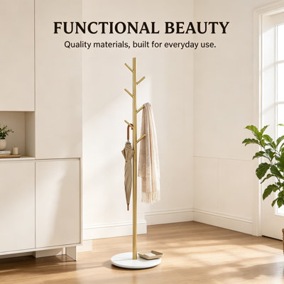 Gold Coat Rack Freestanding with Natural Marble Base, Sturdy Metal Coat Stand for Entryway, Bedroom, and Living Room, Space Saving Hall Tree for Hats, Bags, and Clothes