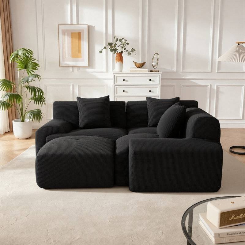 Canapé-lit modulaire convertible en velours côtelé 107 po avec repose-pieds 107 po Modern, 107" W, Noir