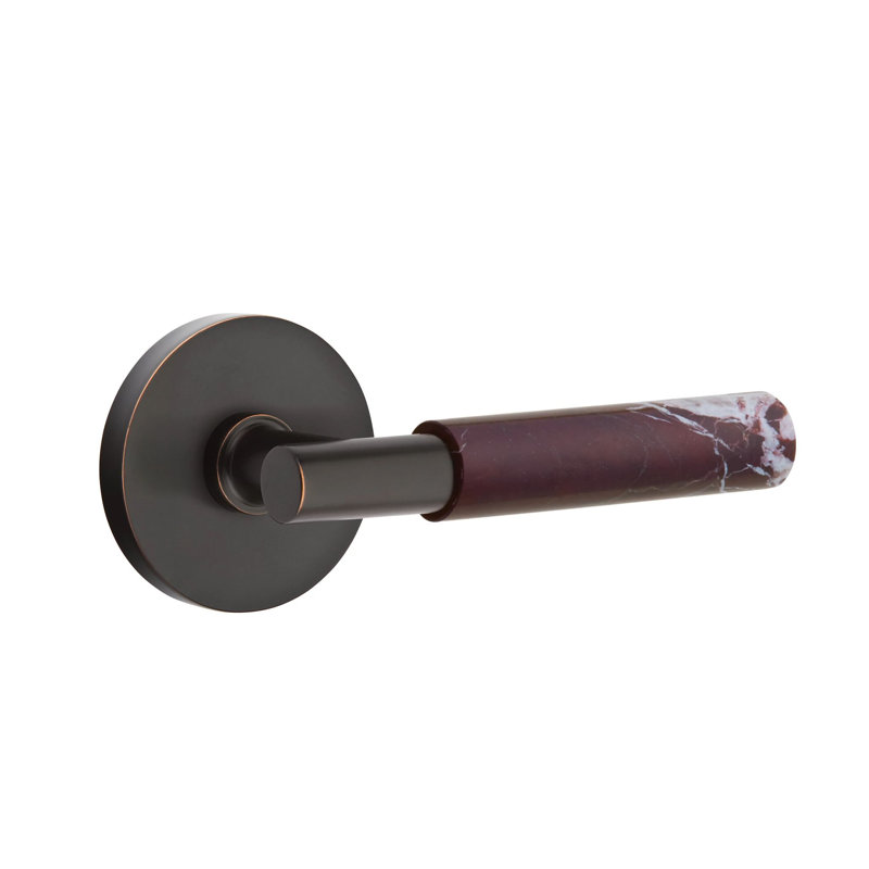 Emtek Select Privacy Leverset w/ Disk Rosette & T-Bar Stem, Rosso Levanto Marble Lever, Oil Rubbed Bronze, Left