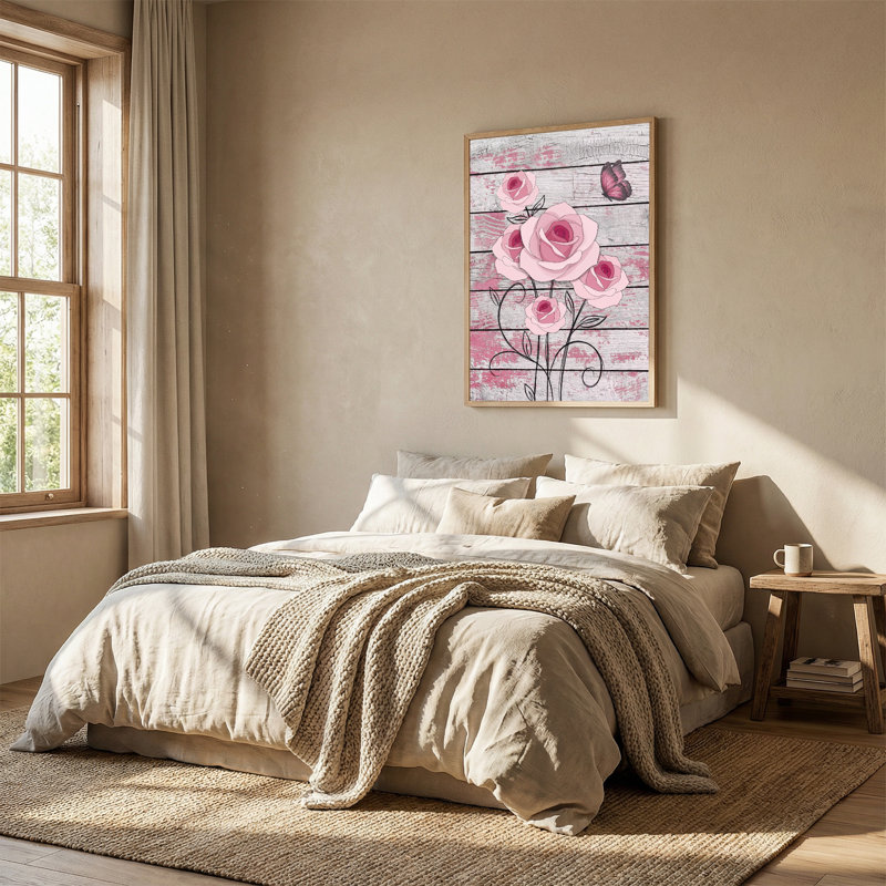 Art mural sur toile, roses roses et papillons sur planches de bois blanc vieilli, H 24 po x l 18 po