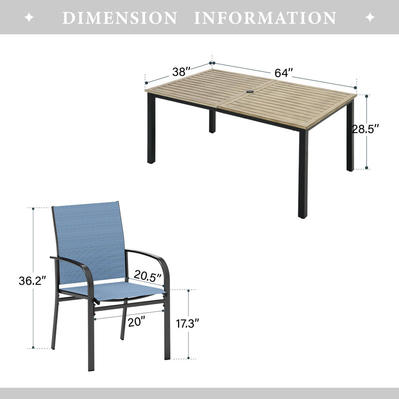 6 - Person Metal Patio Dining Set With Rectangular Table, Blue