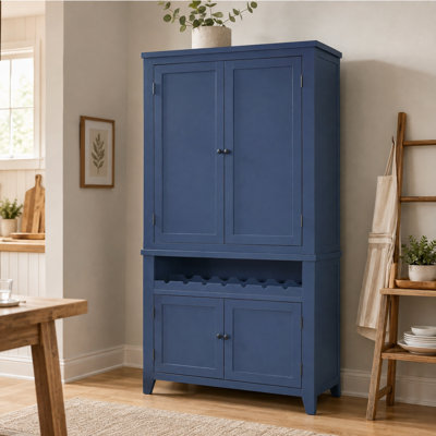 Vinetrisse 77" Farmhouse Kitchen Pantry Cabinet with 4 Shaker Doors, 6 Guardrail Door Racks, 2 Smooth-Glide Drawers, 2 Adjustable Shelves, Built-In 7-Bottle Wine Rack