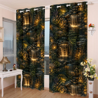 2Pcs Night Lantern Waterfall Nature Landscape Print Grommet Blackout Curtains, Artistic Scenic Pattern, Polyester Window Drapes, Thermal Insulated Sun Blocking, Noise Reducing & Privacy Protection, Stylish Indoor Home Decor for Bedroom, Living Room