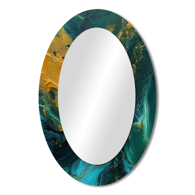 Golden Sunset Over Teal Ocean Abstract Painting IV - Abstract Oval Decorative Mirror On Metal, 36" x 24"