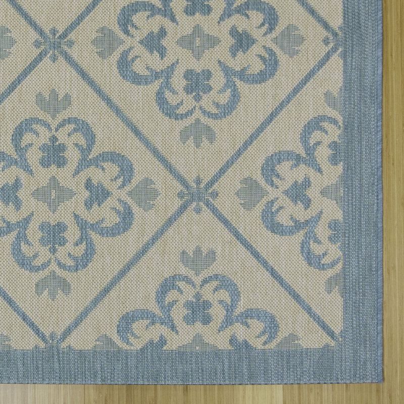 Paseo Gralf Oasis Blue/Beige Transitional Checkered Medallion Indoor/Outdoor Flatweave Area, Rectangle 6'6" x 9'6"