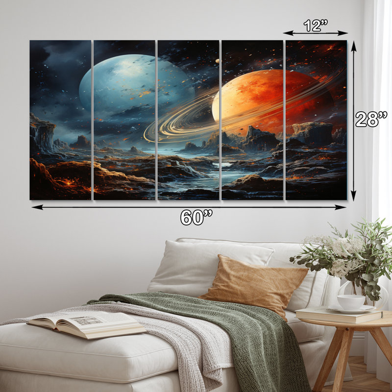 Ensemble de reproductions d'art mural en métal orange et bleu, "Space Dreams II - Galaxies"