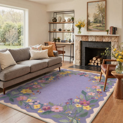 Tapis d'intérieur lavable à la machine mauve / jaune / vert / beige avec envers antidérapant Verdant
