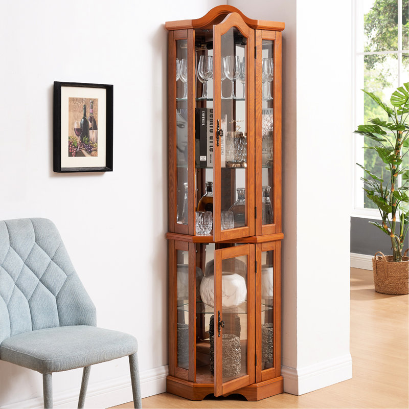 Armoire éclairée en verre avec portes et tablettes en verre trempé, charnière réglable pour le salon de la chambre à coucher au fini chêne, décor