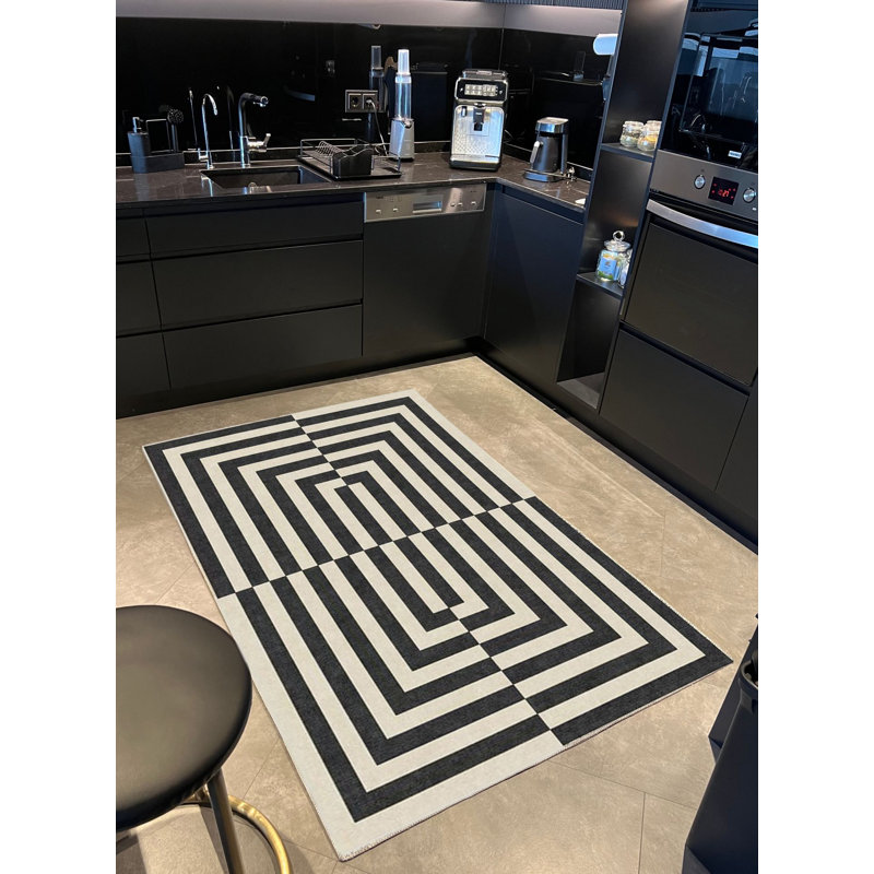 Tapis rayé moderne noir et blanc tissé, Tapis de couloir 3 pi 3,37 po x 6 pi 6,74 po