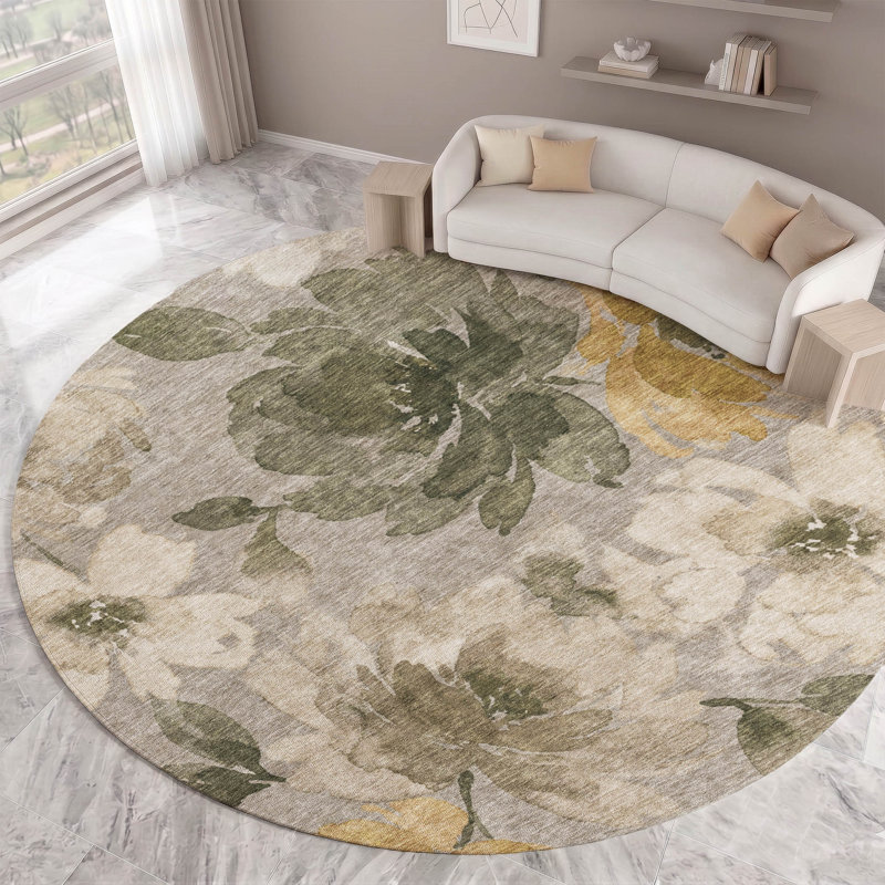 Tapis Chantille ACN3014 à motif floral, lavable à la machine, pour intérieur et extérieur, Gris, Rond 8 pi
