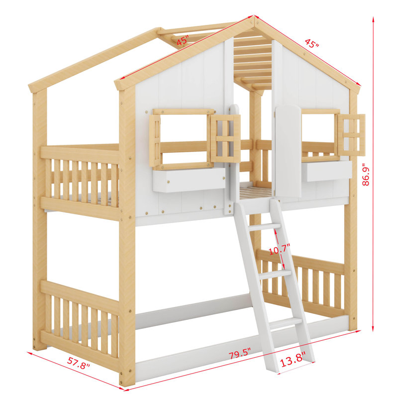 Twin Over Twin House Bunk Bed With Safety Guardrails And Ladder, Natural/White