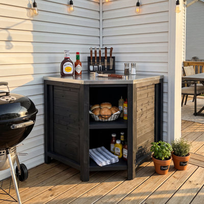 Outdoor Cedar Wood Corner Storage Cabinet With Stainless Steel Top, Weather-Resistant Patio Kitchen Corner Unit