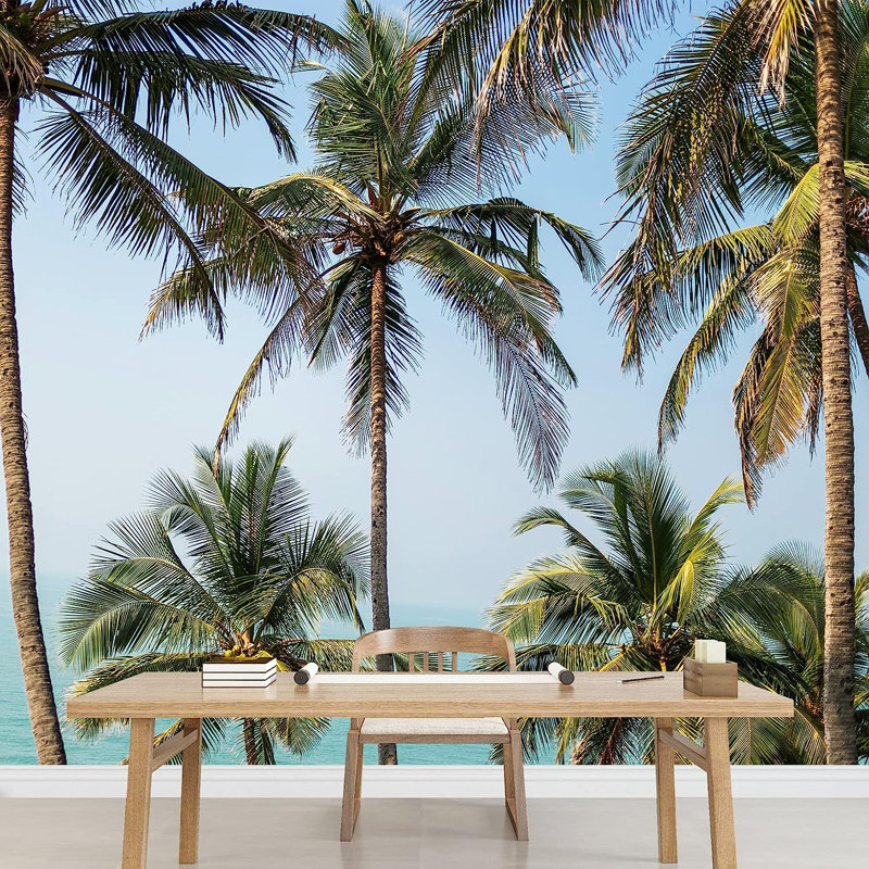 Murale à peindre Vibrant Tropical Palm Tree Ocean Horizon, L 96 po x l 66 po