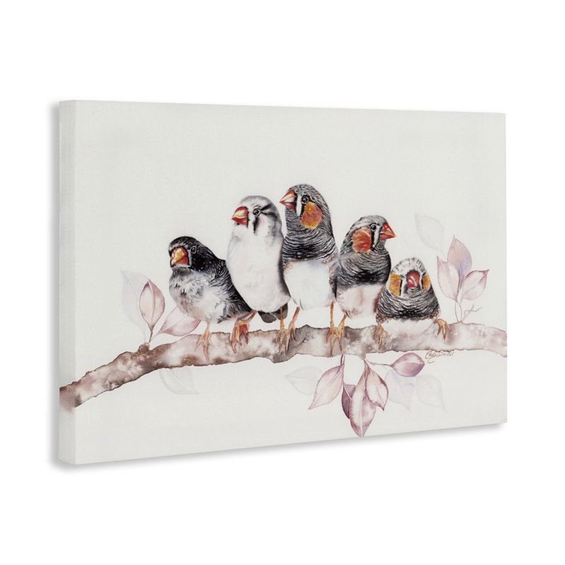 Cinq oiseaux sur une toile, par Cady, H 16 po x l 24 po