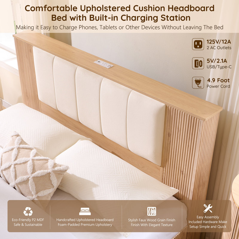Lit plateforme moderne Adison King avec tiroirs de rangement et station de recharge, tête de lit rembourrée avec ports USB et prises électriques, sommier à lattes robustes en bois, montage facile, chêne clair, sans sommier tapissier, montage facile