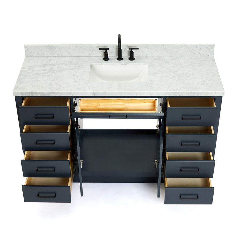 Tidworth Solid Wood Single Bathroom Vanity with 1.5'' Carrara Marble Top, Midnight Blue, Rectangular