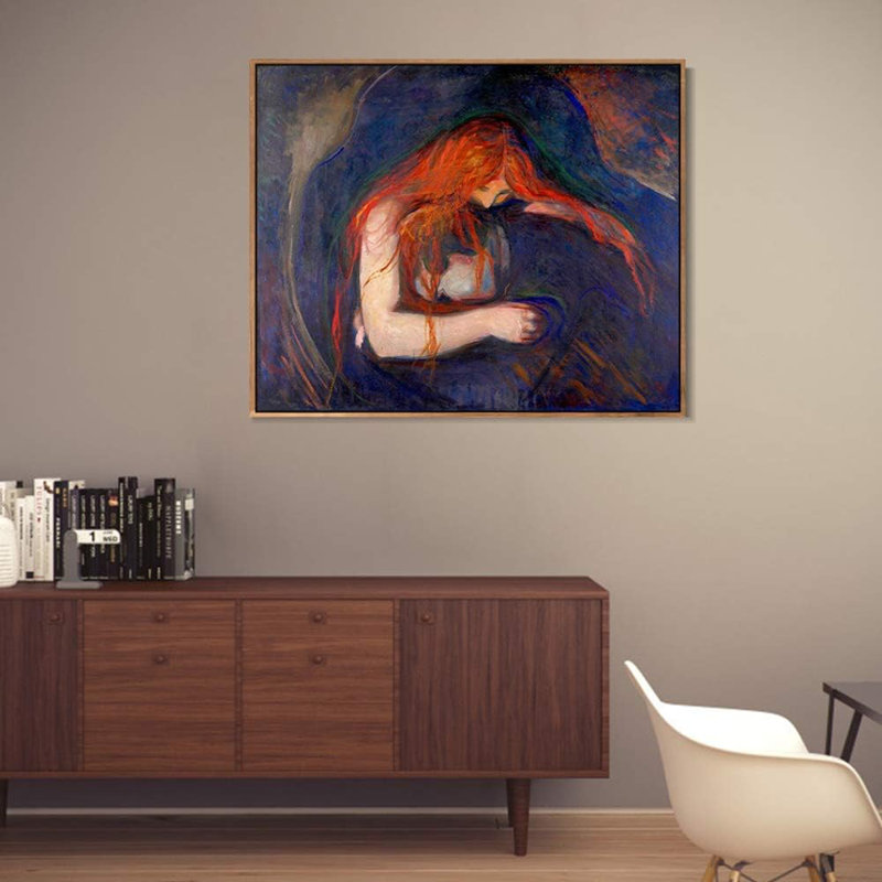 Impression sur toile encadrée, impression de vampire, 1895 par Edvard Munch, décoration murale pour bureau à domicile (cadre en bois de couleur mince, 24 po x 28 po)