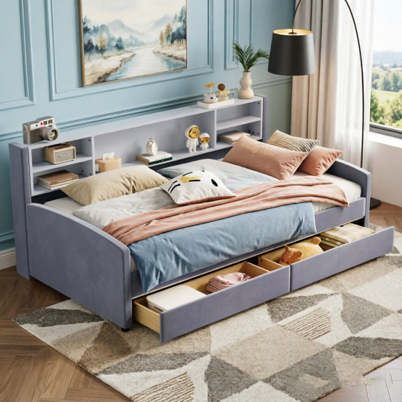 Lit plateforme simple tapissier avec rangement et tiroirs, gris