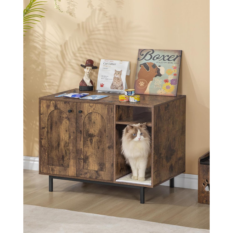 Rustic Brown Wooden Cat Litter Box Enclosure with Metal Frame