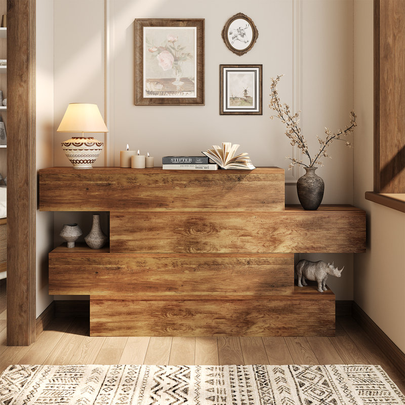 63" Farmhouse Console Table, Modern Sofa Table Behind Couch, 4-tier Storage Entryway Table Hallway Table For Living Room, Rustic Wooden Foyer Table With Staggered Shelves, Unique Design, Walnut Finish