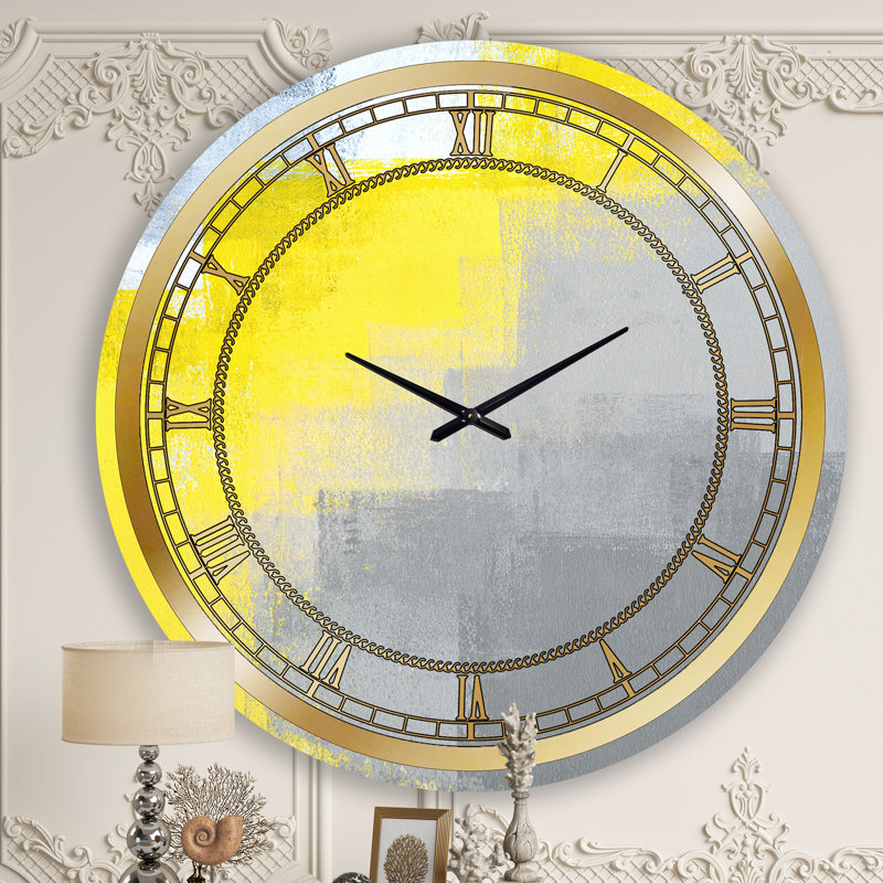 Gris et jaune bleu abstrait IV - horloge murale moderne, Grand