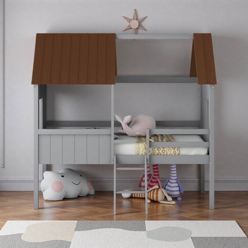 Twin Size Low Loft Wood House Bed With Two Side Windows, Gray/Brown