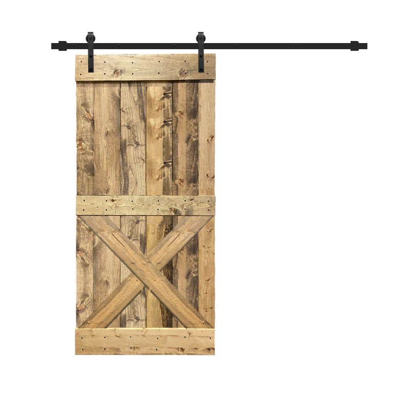 Porte de grange teintée en bois et métal avec ensemble de quincaillerie d’installation, Chêne vieilli