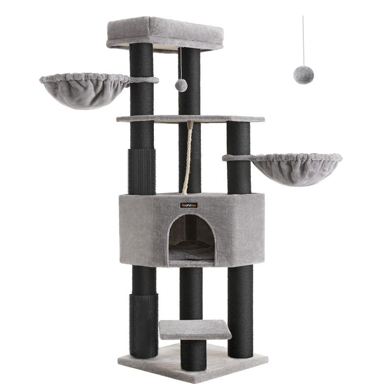 Tour pour chat robuste de 63 pouces avec coussins chauffants, Gris tourterelle / noir