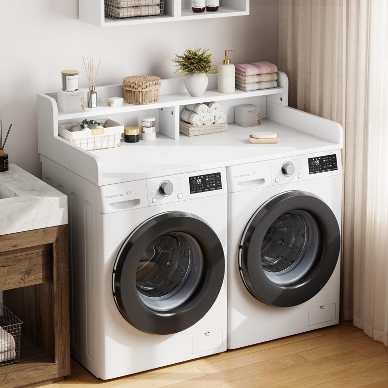 54 Inch Wood Washer Dryer Countertop with 2 Tier Shelf, Non Slip Pad and Guard Rails 3 in 1 Set for Laundry Room Storage