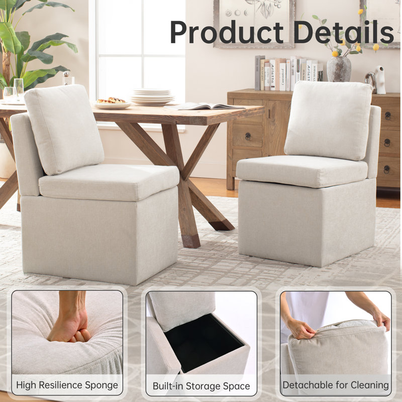 Harriotte Upholstered Side Dining Chair with storage space, Beige