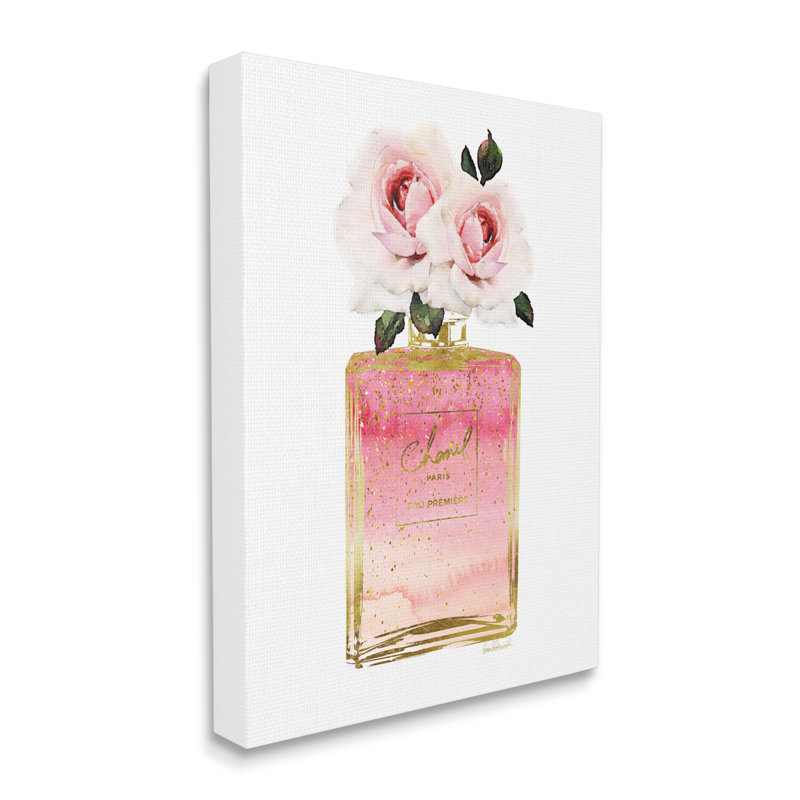 Bouteille de parfum rose et or avec roses, Toile tendue, H 48 po x l 36 po