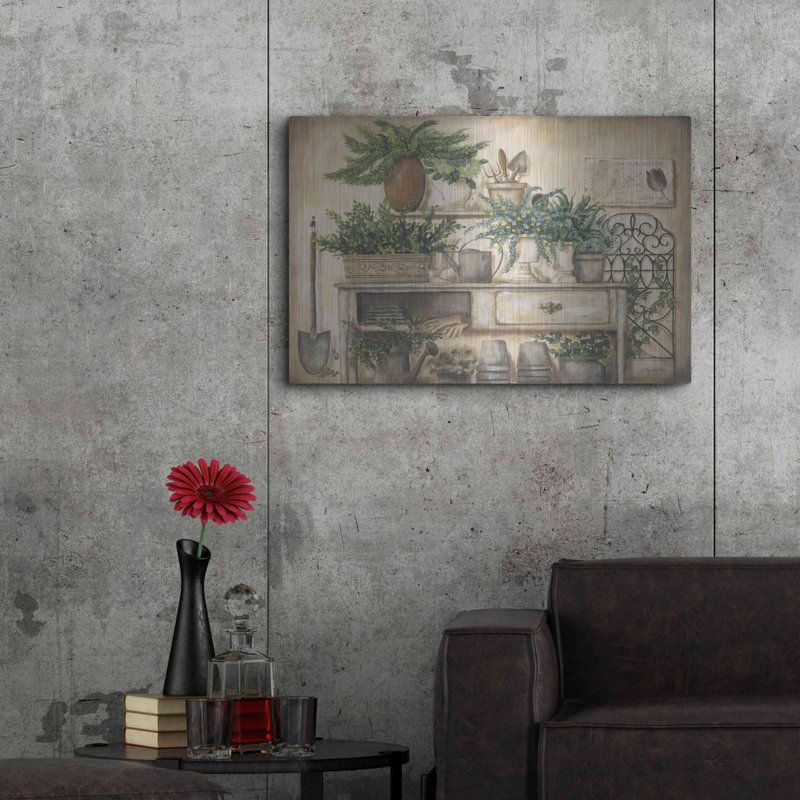 «Potting Bench II» par Pam Britton, art mural en métal, H 24 po x l 36 po