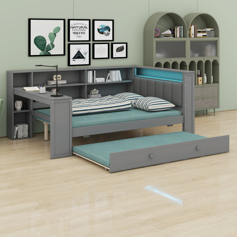 Wood Platform Bed With Storage Shelves, Trundle, Charging Station, LED, Desk And Upholstered Headboard, Gray