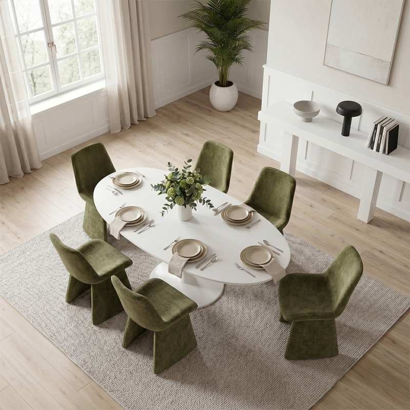 Ensemble de table de salle à manger ovale moderne 7 pièces pour 6 personnes avec chaises rembourrées, Vert