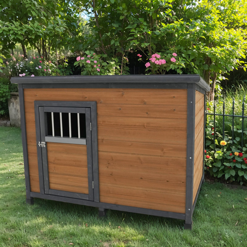 45" Large Solid Wood Dog House with Waterproof PVC Roof – Breathable Wooden Door, Elevated Floor & Ventilation Windows – Indoor/Outdoor Kennel for Large & Small Dogs