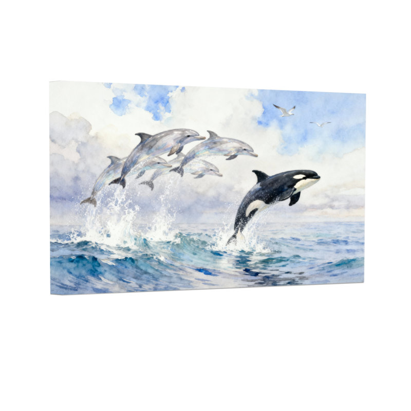 Animaux, dauphins, saut, océan, vagues, ciel, mouettes, H 12 po x l 18 po