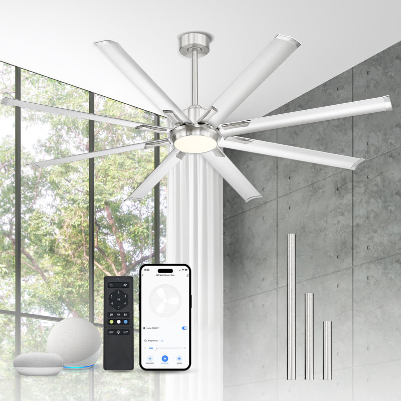 84/96 Inch Industrial Ceiling Fan with Lights and Remote, with 8 Aluminium Blades,Works with Alexa, Brushed Nickel, 96