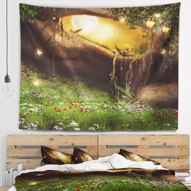 Paysage avec grotte enchantée et tapisserie, H 32 po x l 39 po