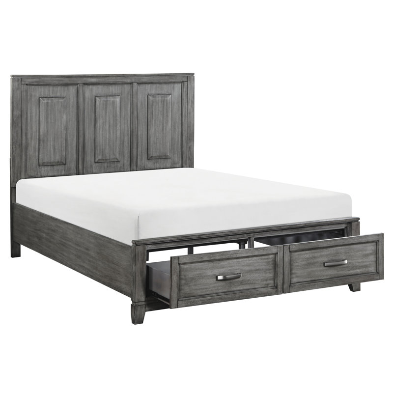 Grand lit plateforme gris rustique avec rangement fonctionnel et captivant