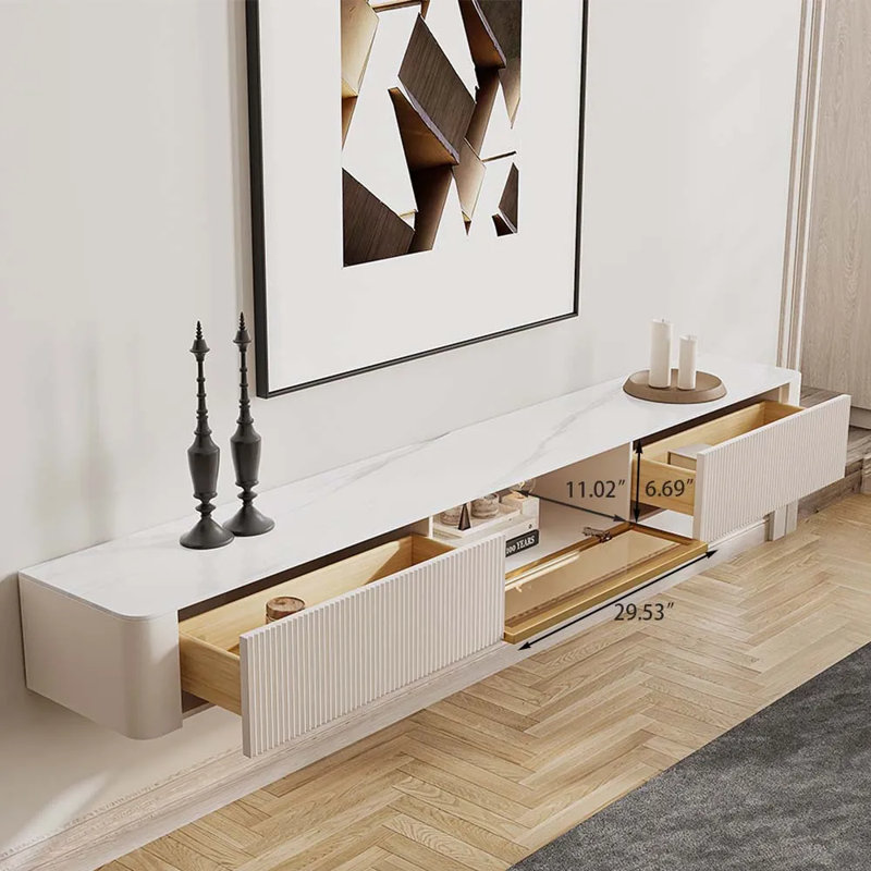 FLOAT -  Modern Minimalist Floating TV Stand, Beige Wood, 12.6"H x 94.49"L x 15.75"W