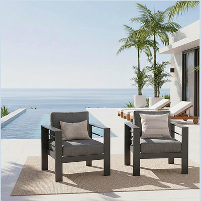 2-Pack 28" All-Weather Aluminum Patio Armchairs with Thick Dark Gray Cushions & Gray Frame