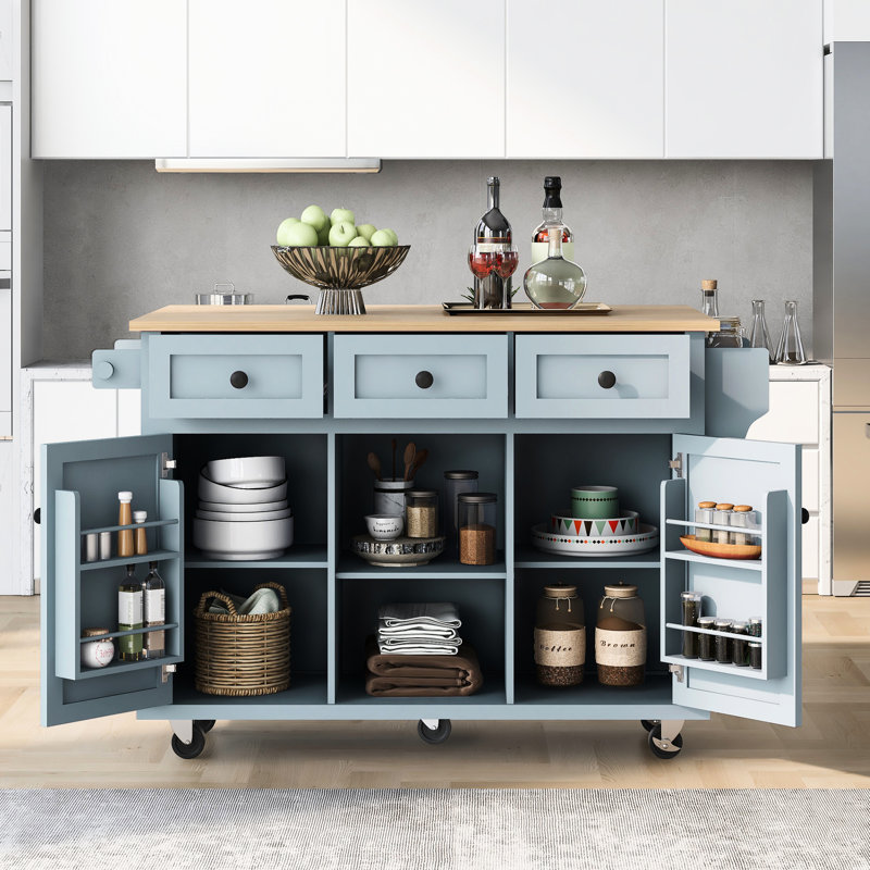 Chariot de cuisine avec rangement réglable, 5 roulettes, îlot 3 tiroirs pour un espace de vie fonctionnel, Blue