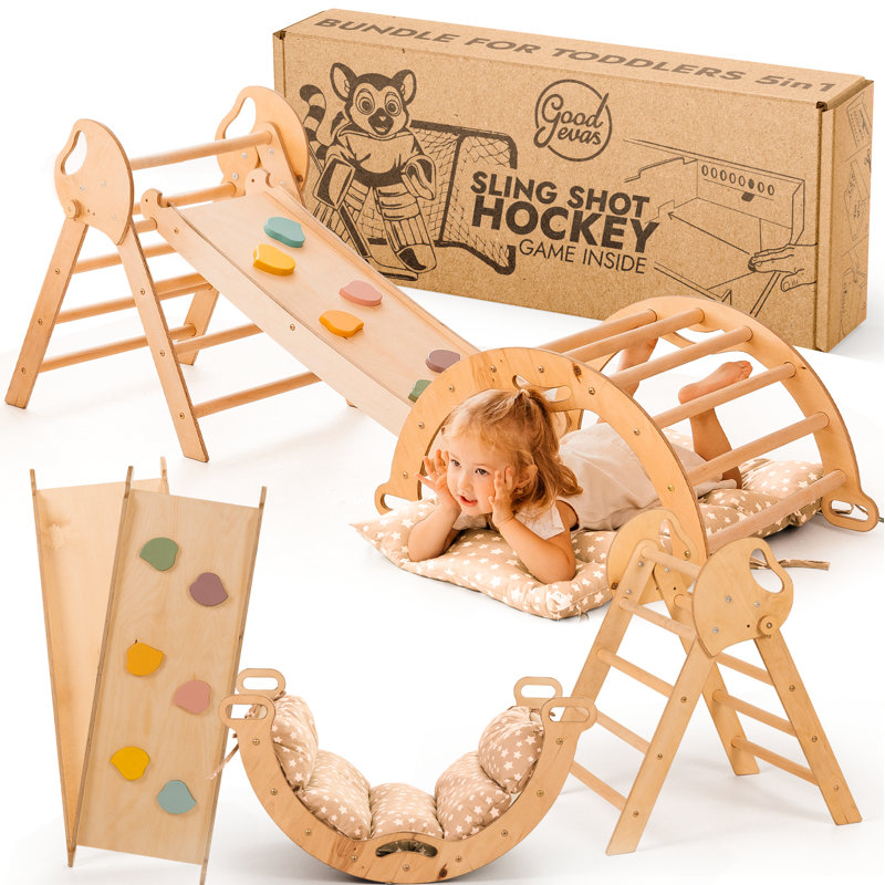 Structure d'escalade intérieure en bois avec glissade Goodevas Montessori, Beige / beige